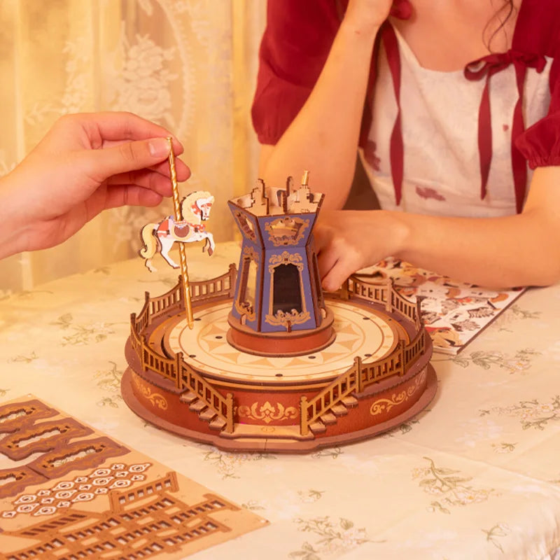 3D Wooden Puzzle Classic Carousel Music Box with Lights