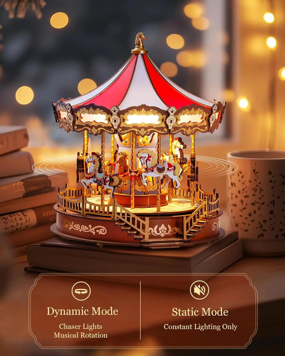 3D Wooden Puzzle Classic Carousel Music Box with Lights