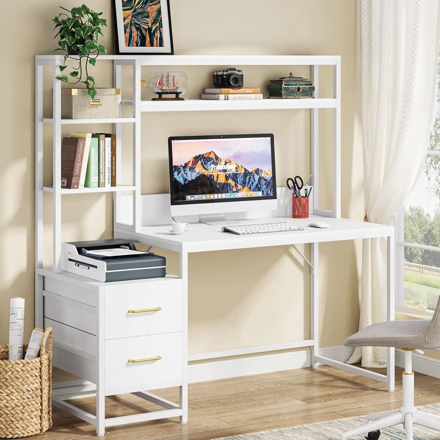 55 Inch Desk w/ 2 Drawers and Storage Shelves