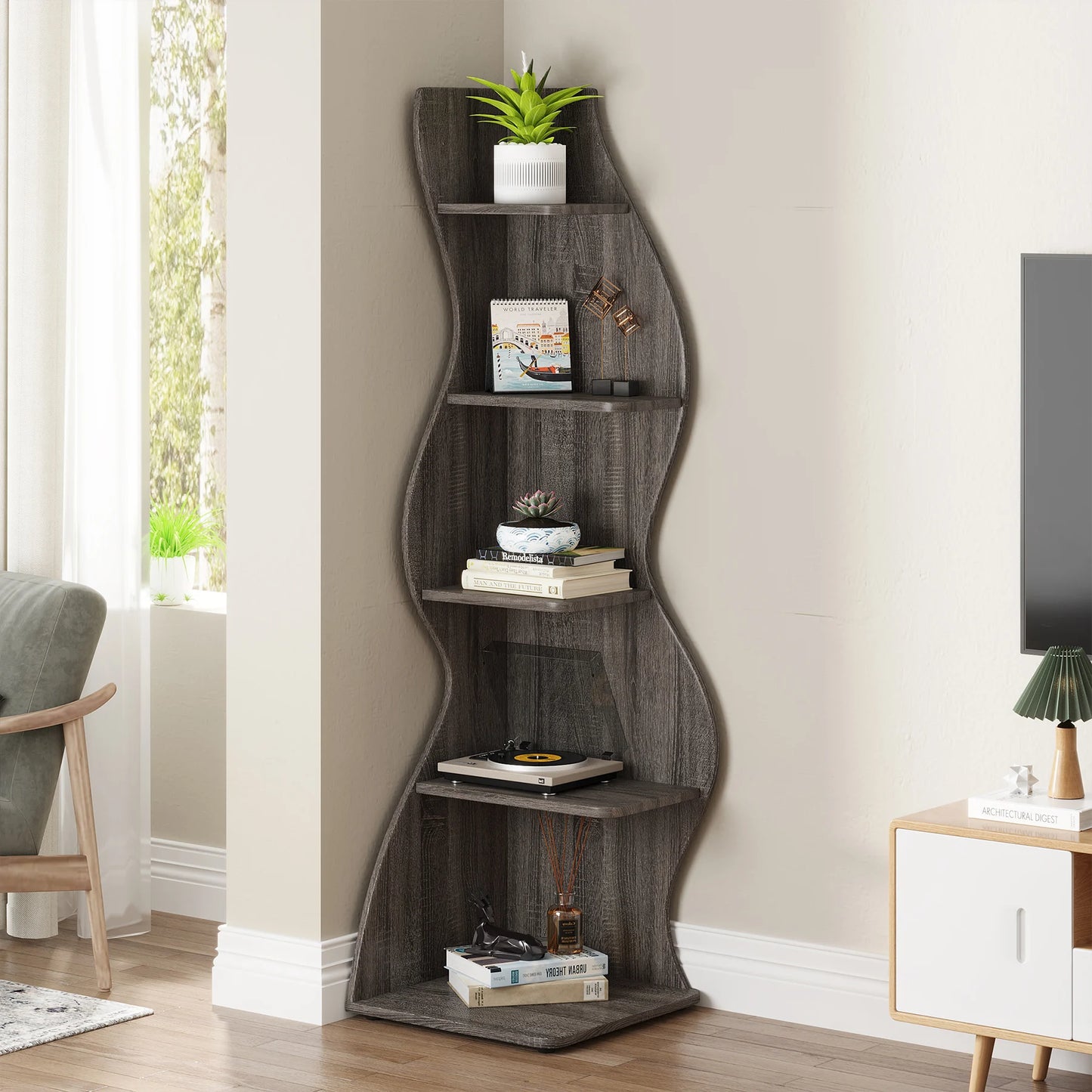 Modern 5-Tier Wall Corner Bookshelf