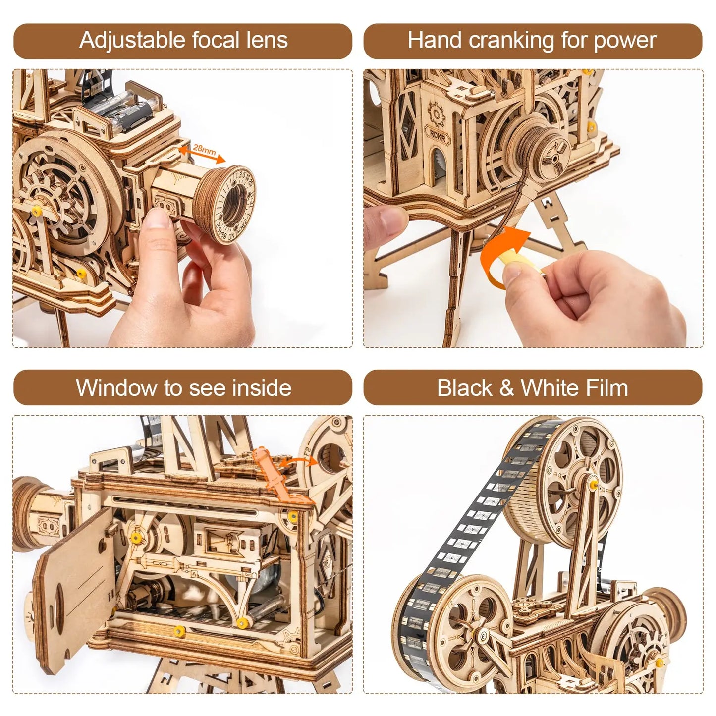 DIY 183pcs Retro 3D Hand Crank Film Projector Wooden Model