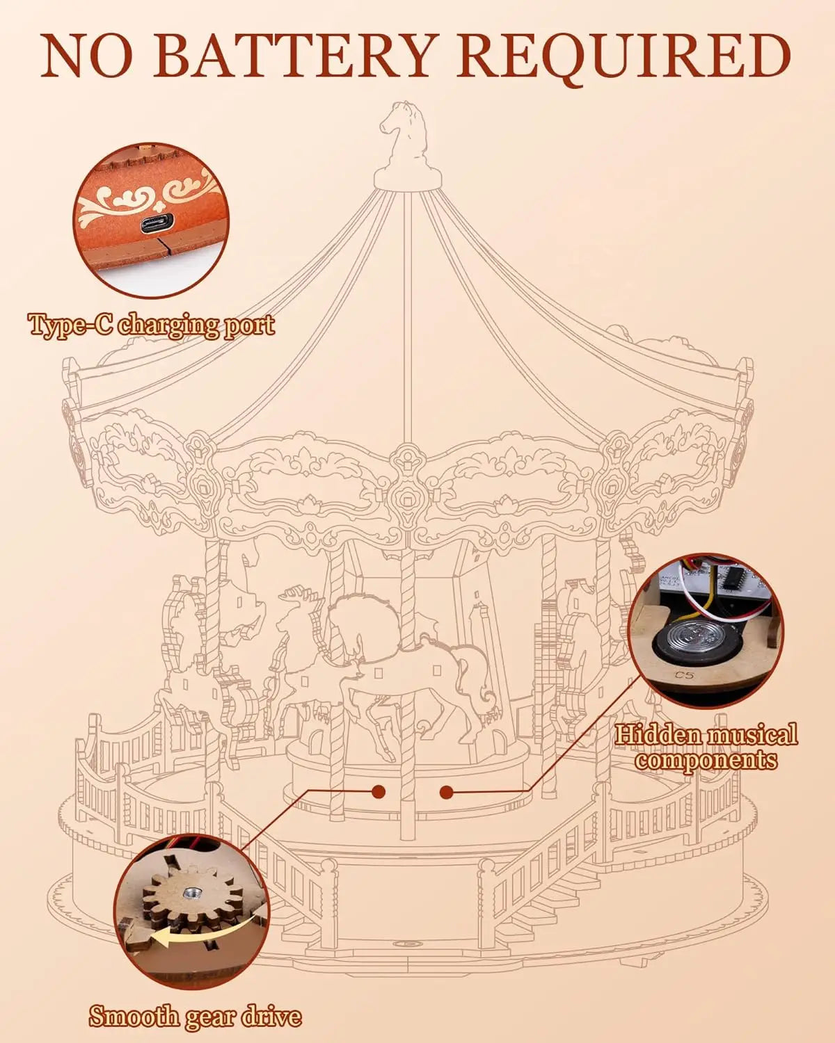 3D Wooden Puzzle Classic Carousel Music Box with Lights