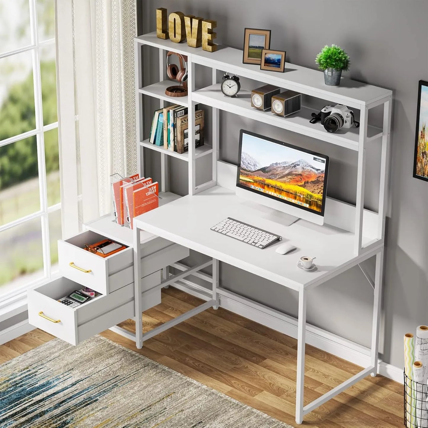 55 Inch Desk w/ 2 Drawers and Storage Shelves