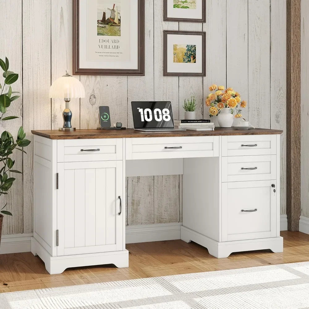 55'' Wooden Farmhouse Desk w/ File Cabinet and Charging Station