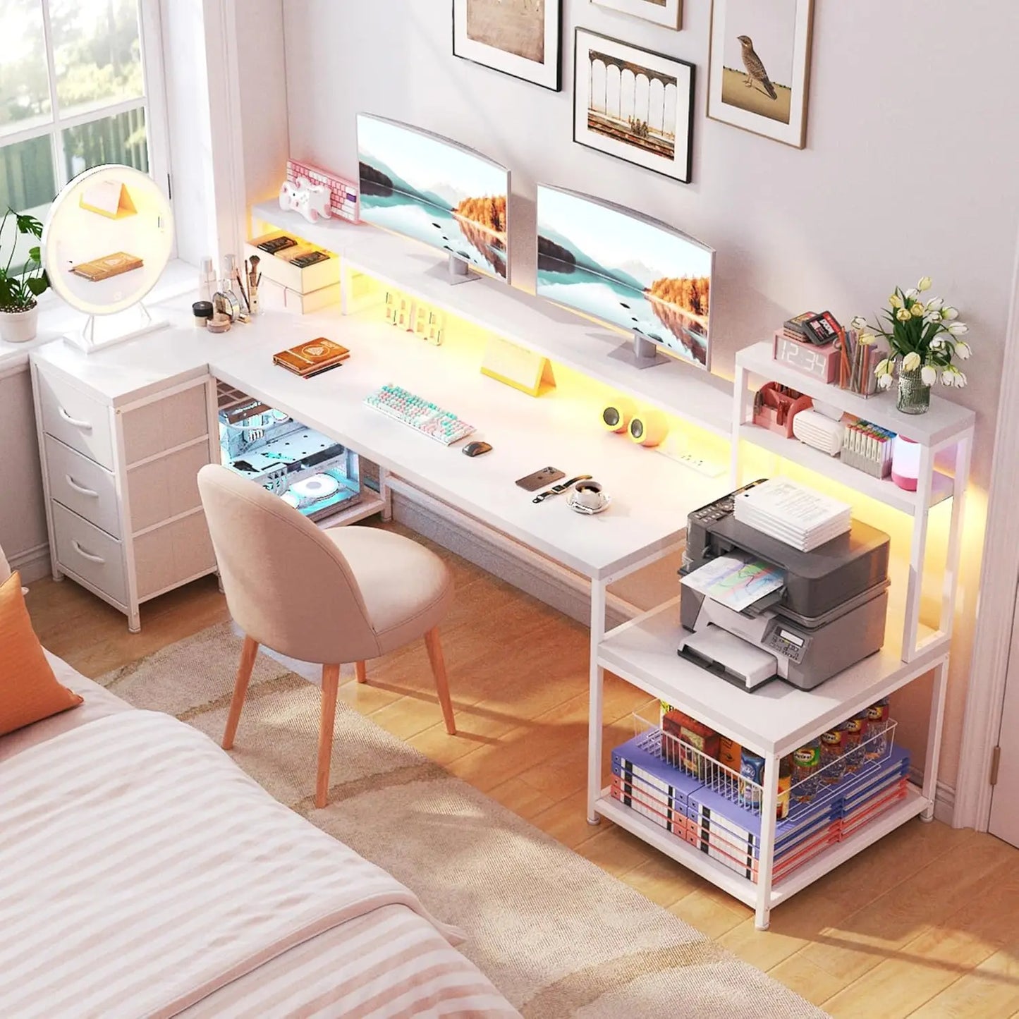 Reversible 70.9" L Shaped Desk w/ Power Outlets & LED Lights
