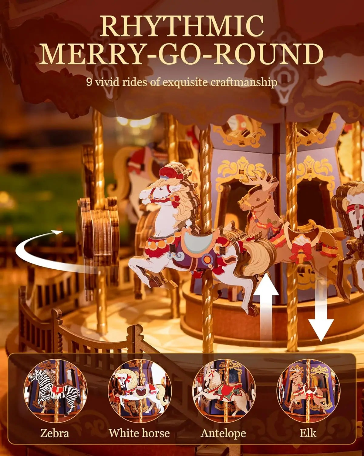 3D Wooden Puzzle Classic Carousel Music Box with Lights