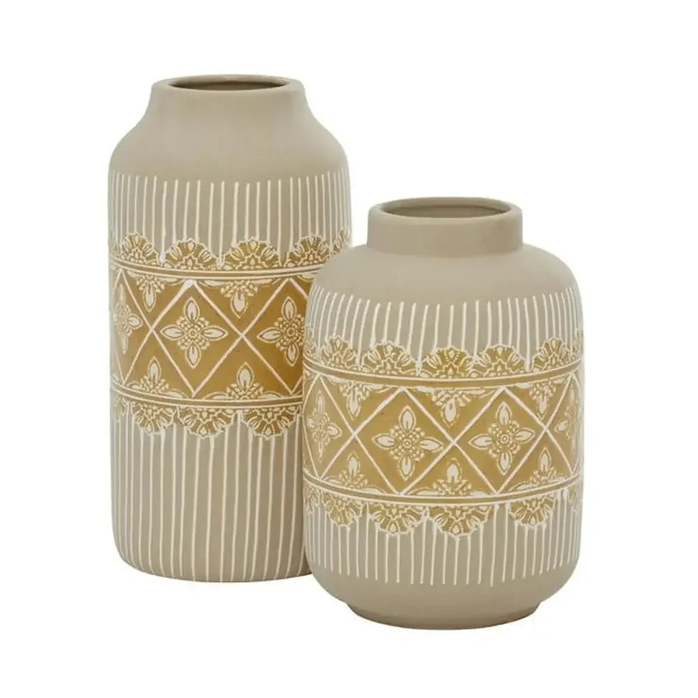 Handmade Boho Beige Ceramic Vase Set of 2