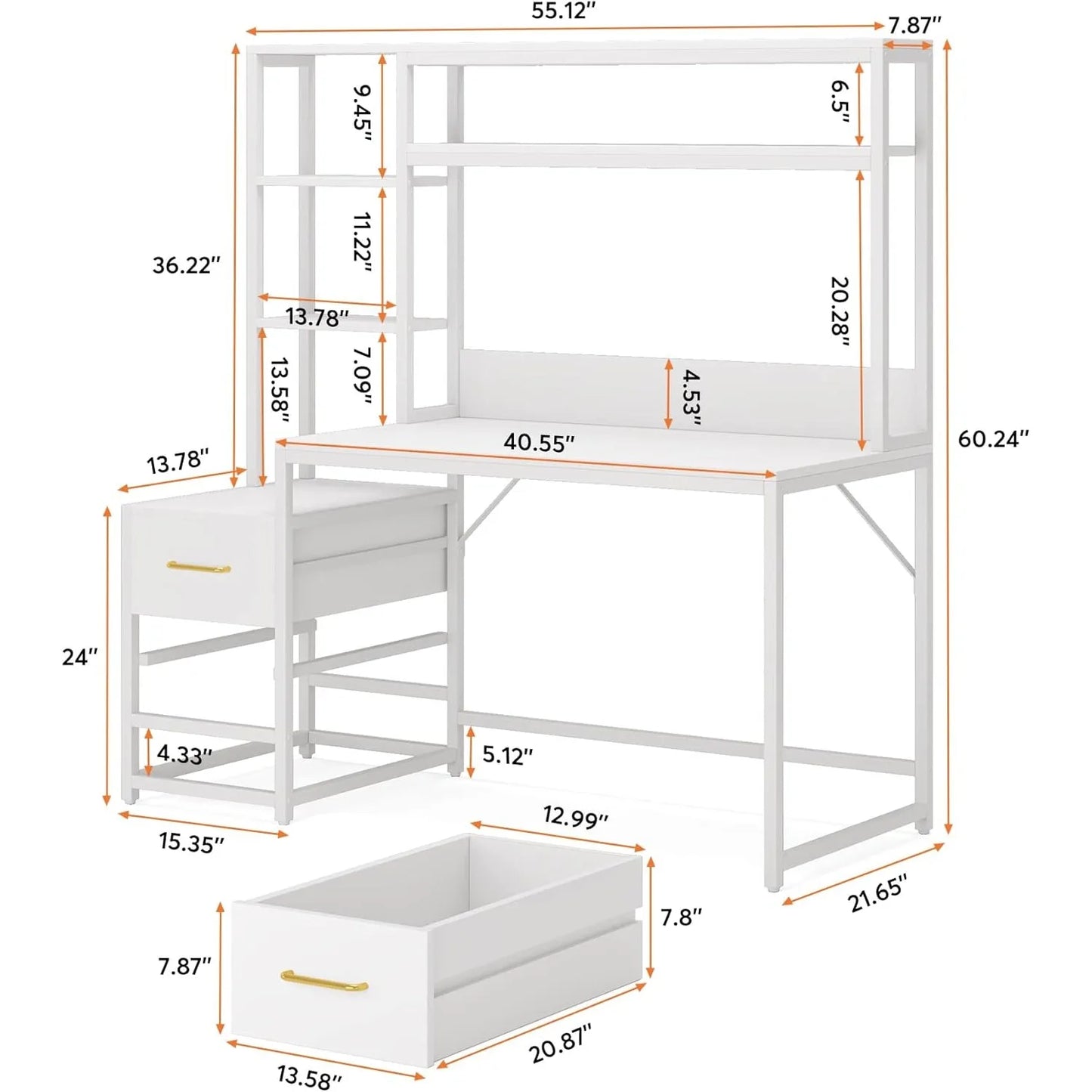 55 Inch Desk w/ 2 Drawers and Storage Shelves