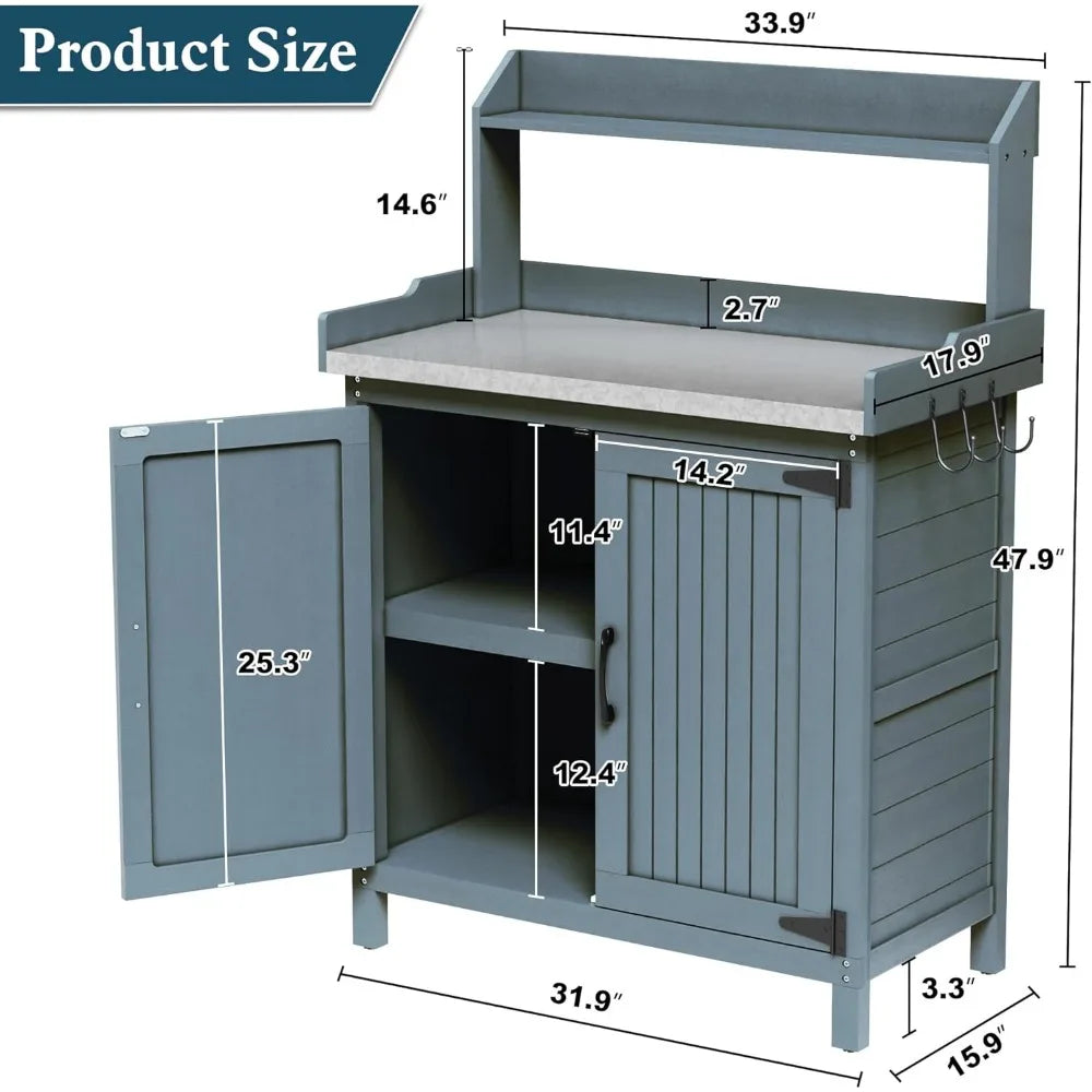 Outdoor Wooden Gardening Table with Metal Tabletop and Storage Cabinet